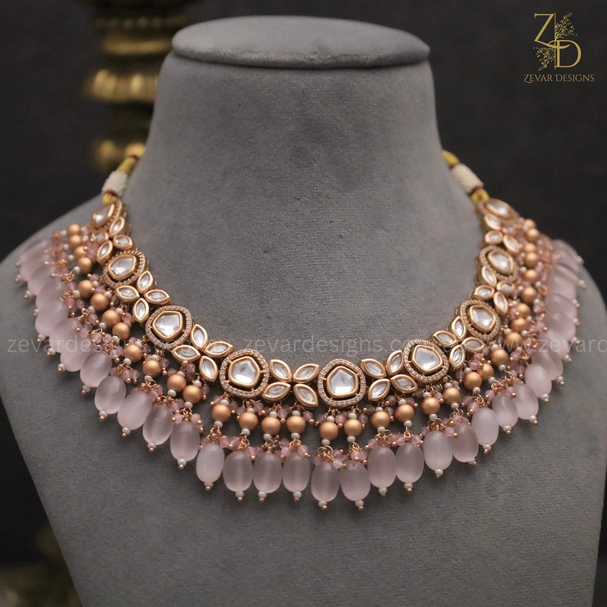 18K Gold Plated Kundan Polki Beaded Necklace Set with Pearls & Baby Pink Drops