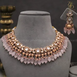 18K Gold Plated Kundan Polki Beaded Necklace Set with Pearls & Baby Pink Drops