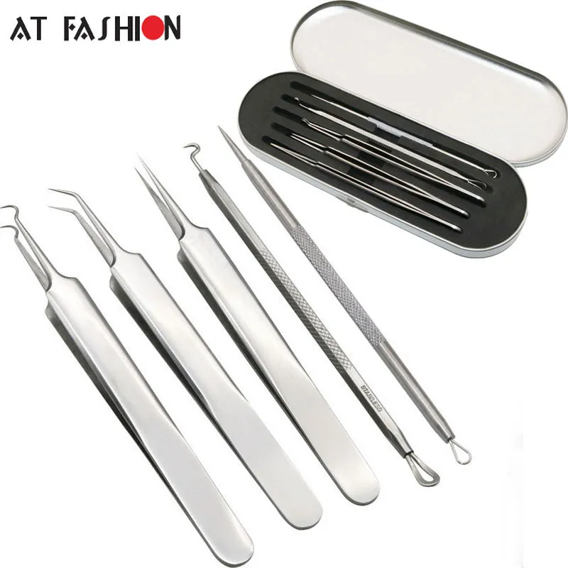 5pc/Pack Blackhead Tweezers Blemish Removers Point Bend Gib Head Comedone Acne Needle Pimple Extractor Face Skin Care Tools