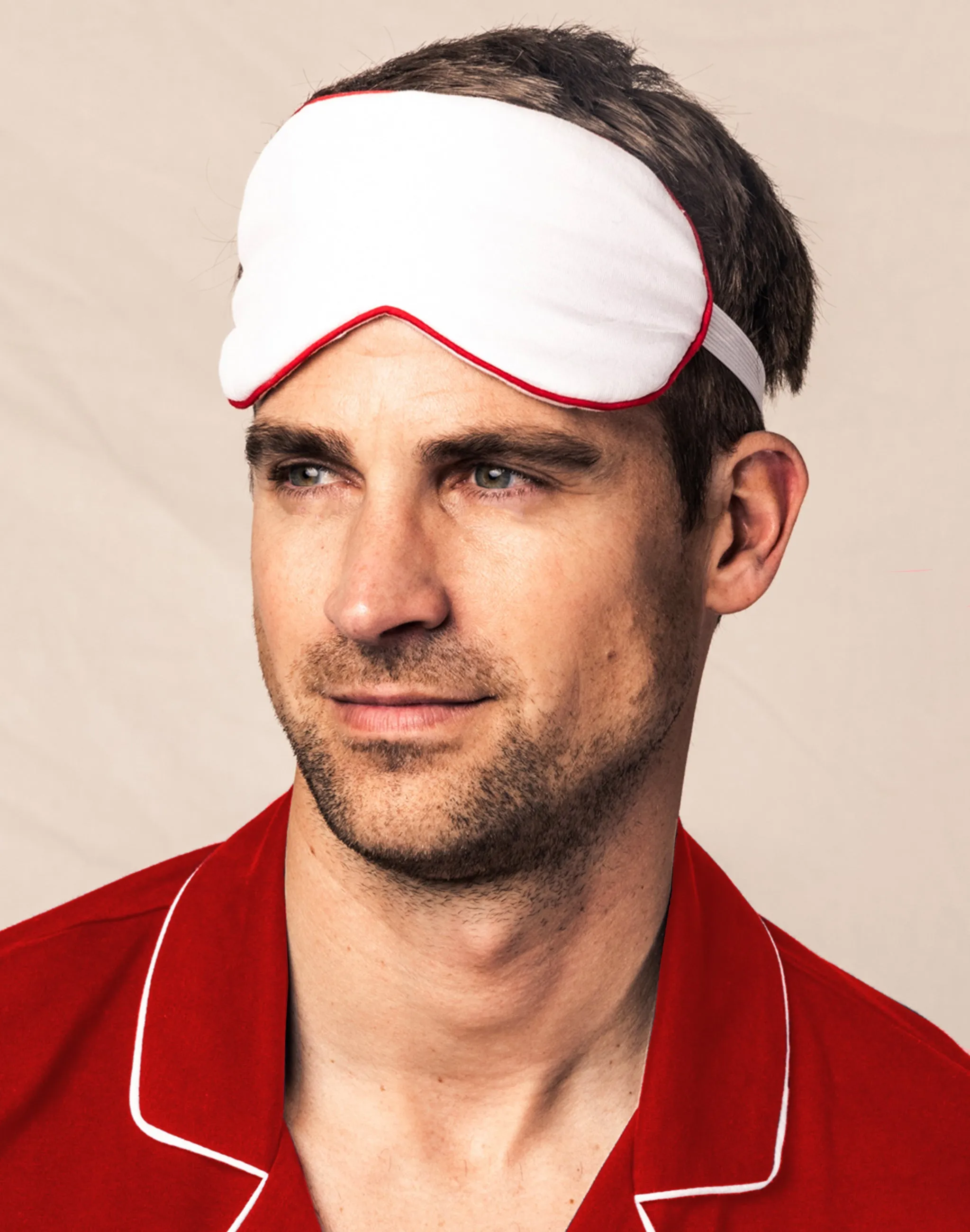 Adult's Sleep Mask in White with Red Piping