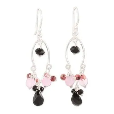 Delightful Silver Black Spinel Earrings,Lavender and Pink Quartz beads,Handmade Jewelry,Christmas Gift