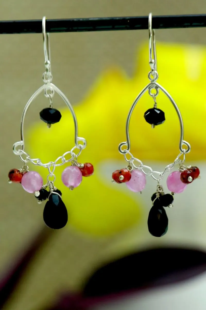 Delightful Silver Black Spinel Earrings,Lavender and Pink Quartz beads,Handmade Jewelry,Christmas Gift