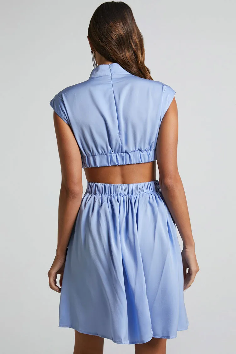 Flowy High Neck Ruched Trim Cutout Waist Summer Mini Sundress - Light Blue