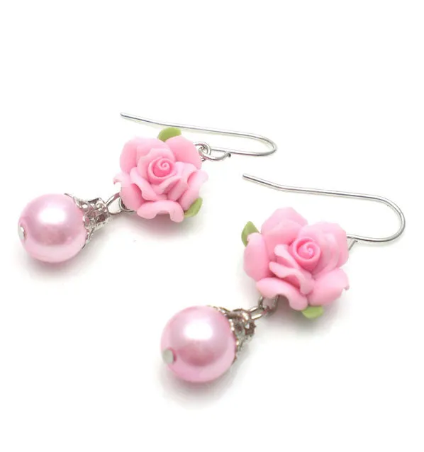 Polymer Rose Pearl Earrings