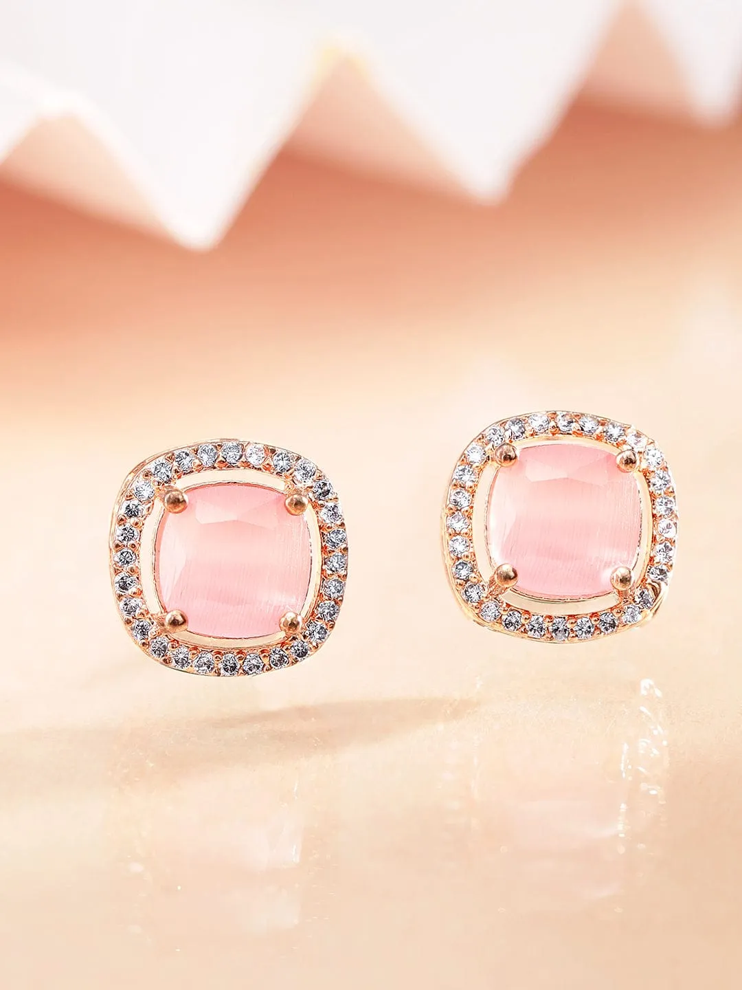 Rubans 18K Rose gold Pink zirconia studded Minimal stud earring