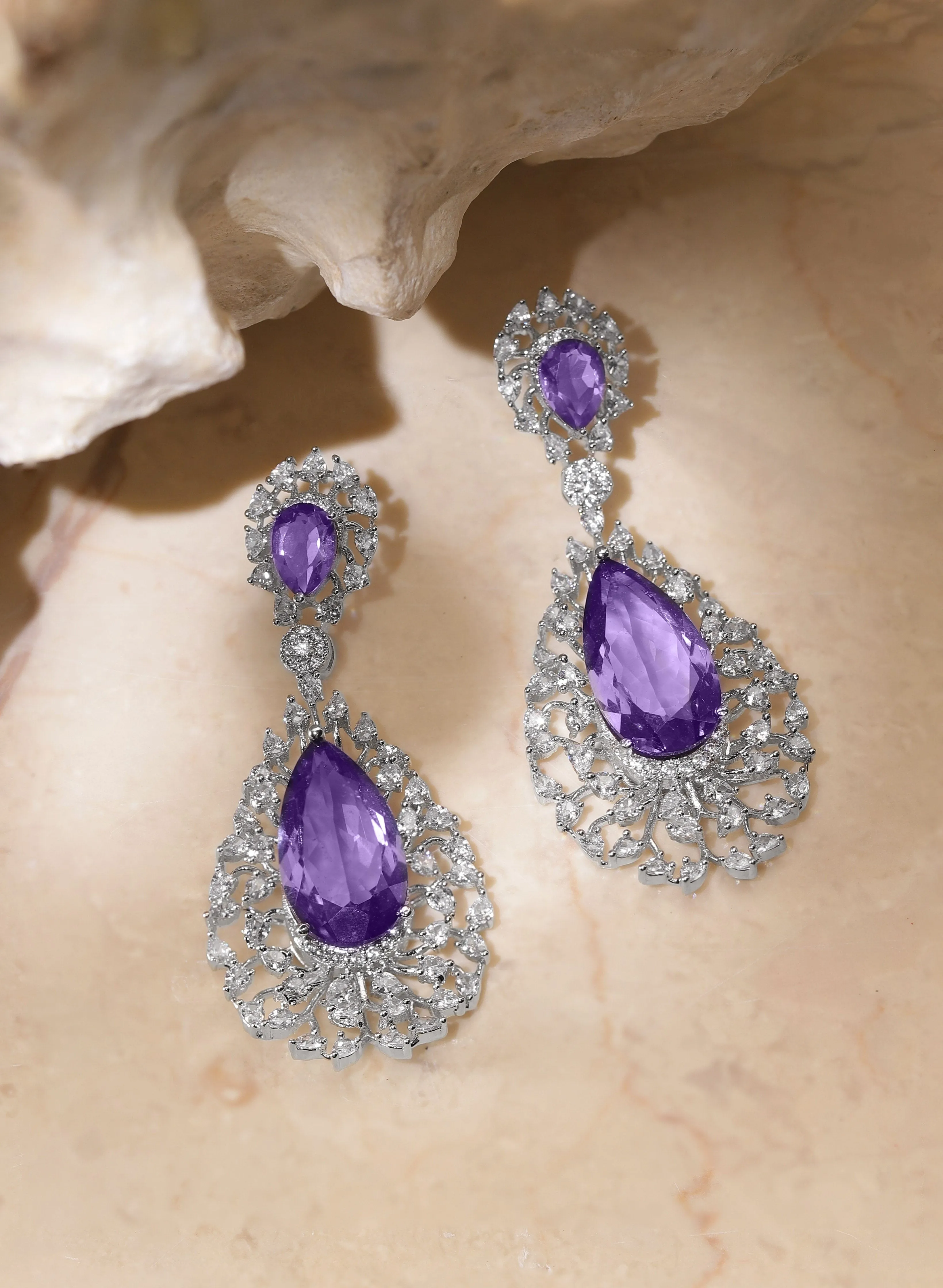 Rubans Amethyst Radiance Purple and Silver AD Earrings