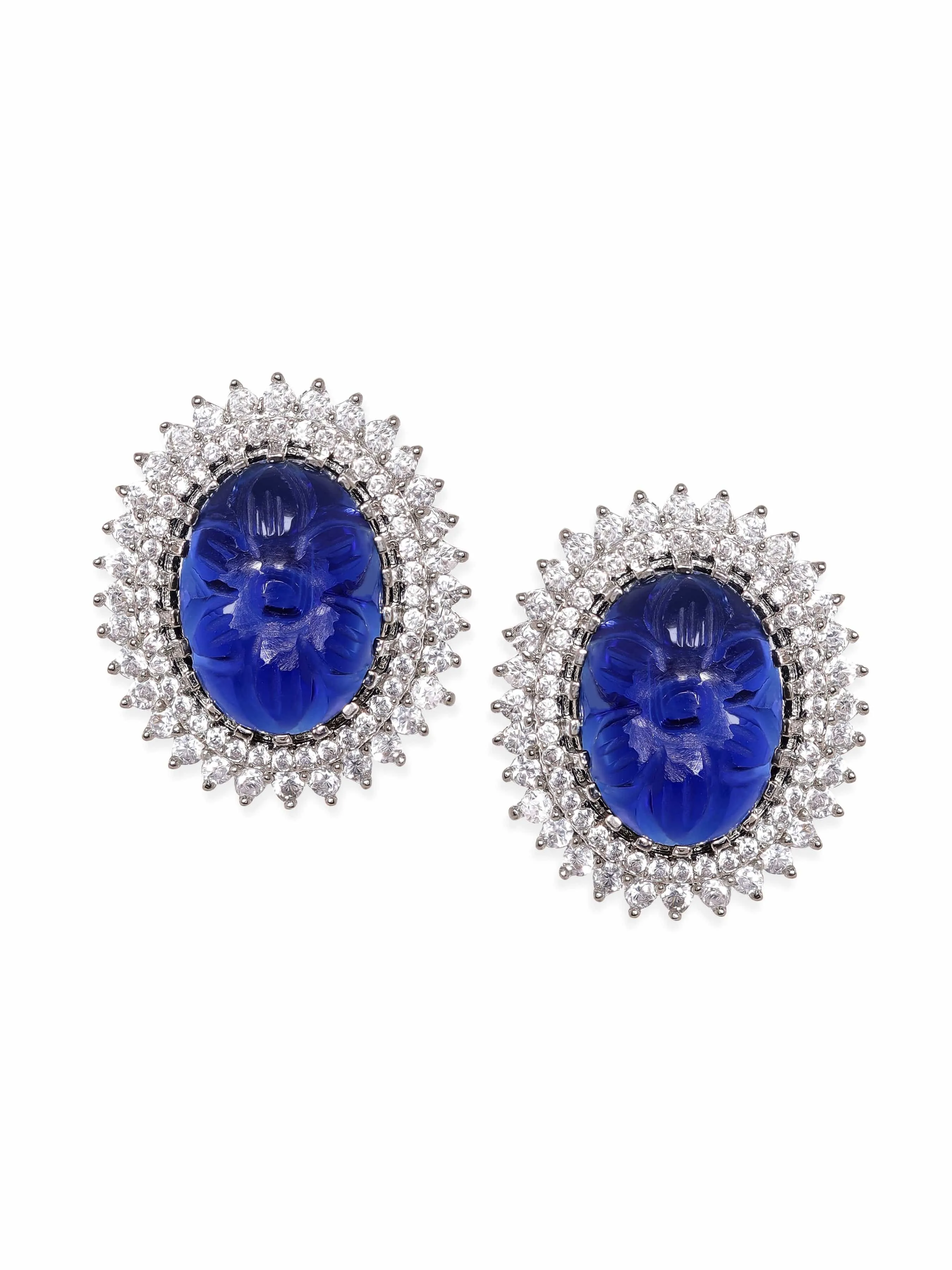 Rubans Rhodium plated Craved BLue Sapphire Zirconia Stud Earrings