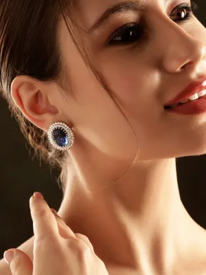 Rubans Rhodium plated Craved BLue Sapphire Zirconia Stud Earrings