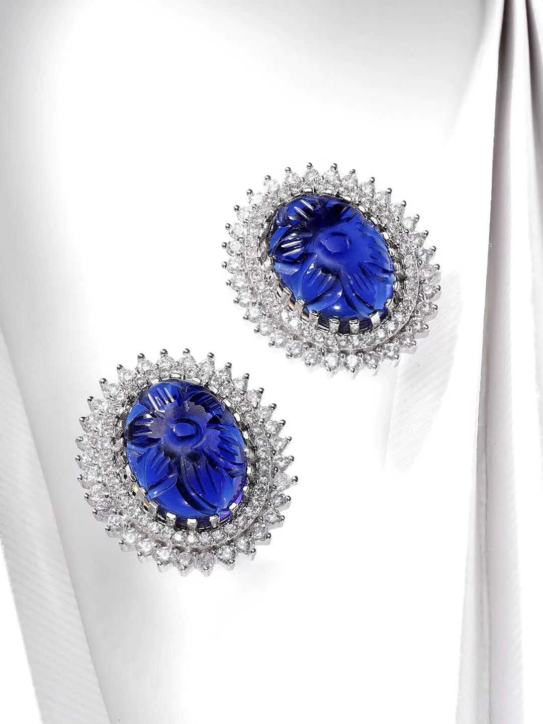 Rubans Rhodium plated Craved BLue Sapphire Zirconia Stud Earrings