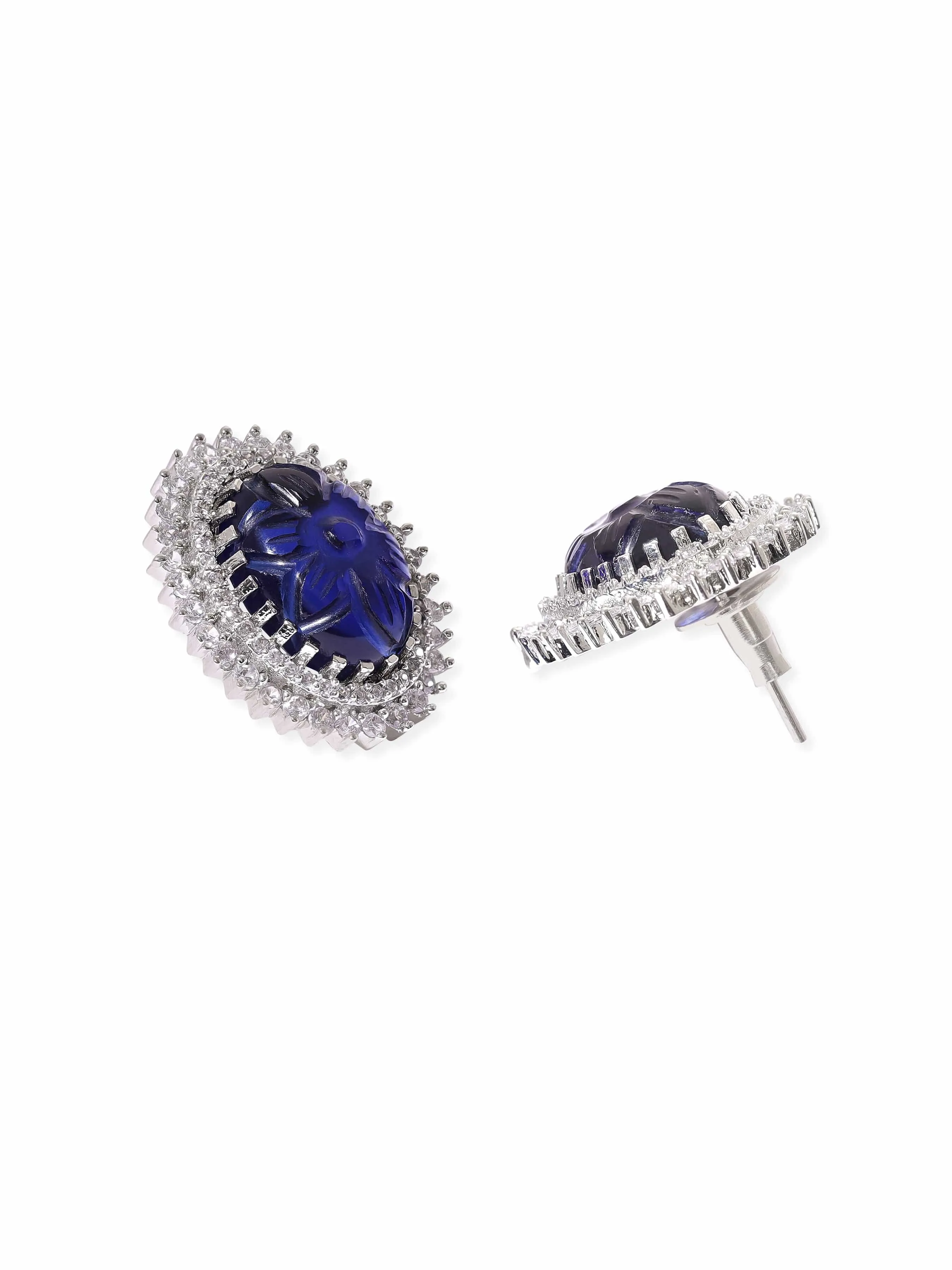 Rubans Rhodium plated Craved BLue Sapphire Zirconia Stud Earrings