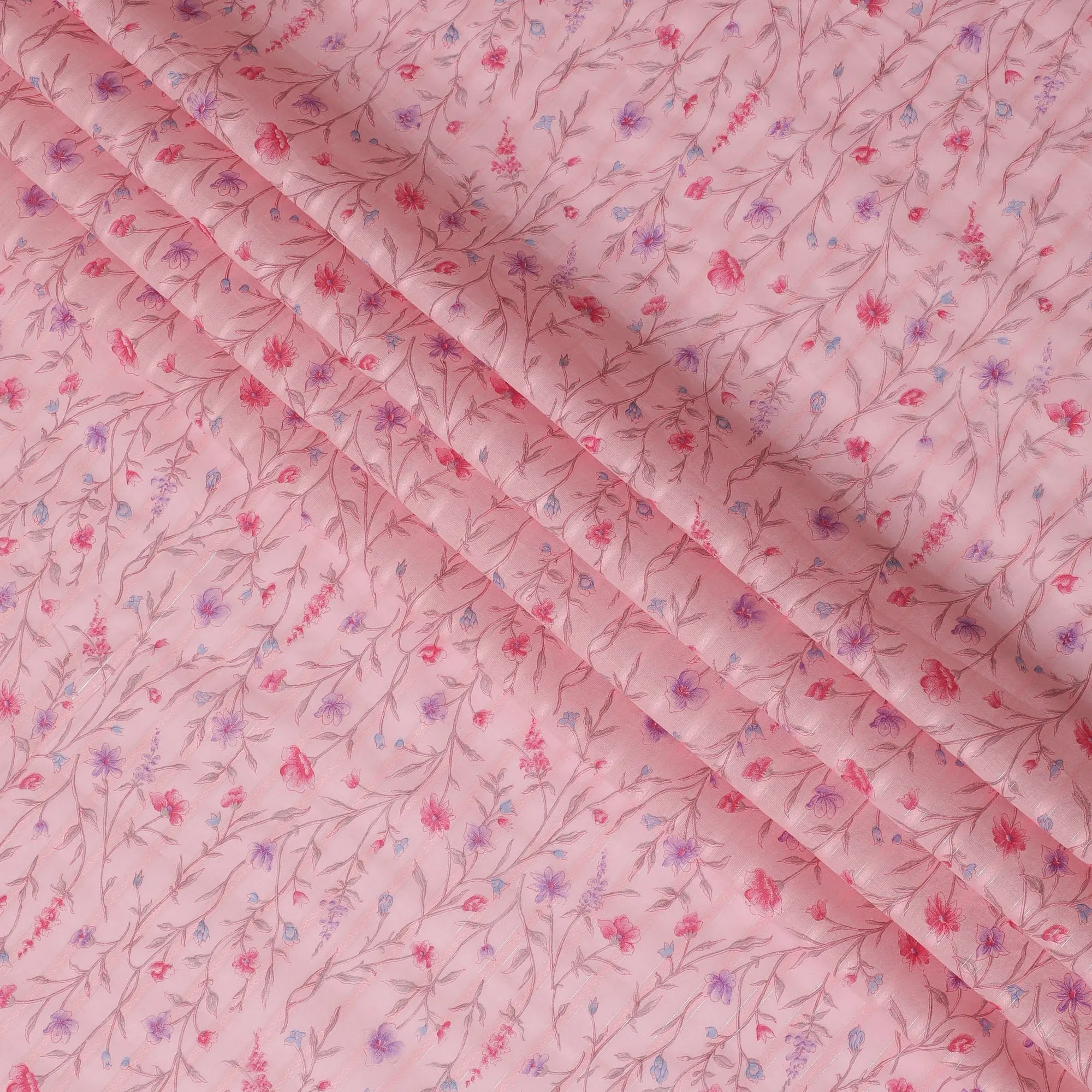 Soft Pink Cotton Voile Fabric with Delicate Blue and Red Floral Print, 110 cm Wide - Graceful Indian Textile-D18989